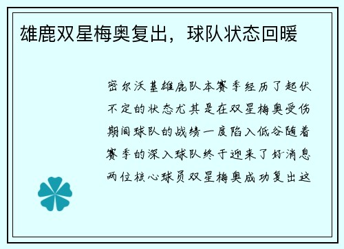 雄鹿双星梅奥复出，球队状态回暖