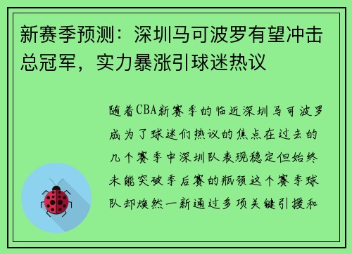 新赛季预测：深圳马可波罗有望冲击总冠军，实力暴涨引球迷热议