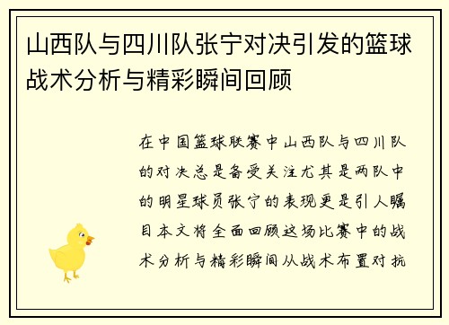 山西队与四川队张宁对决引发的篮球战术分析与精彩瞬间回顾