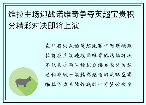 维拉主场迎战诺维奇争夺英超宝贵积分精彩对决即将上演