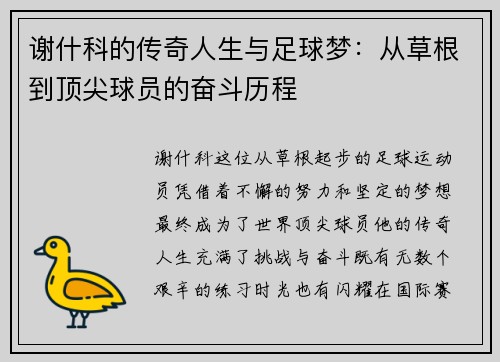 谢什科的传奇人生与足球梦：从草根到顶尖球员的奋斗历程
