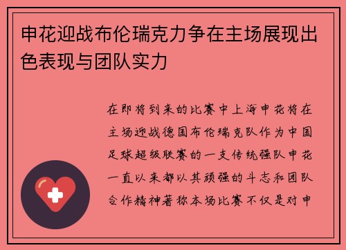 申花迎战布伦瑞克力争在主场展现出色表现与团队实力