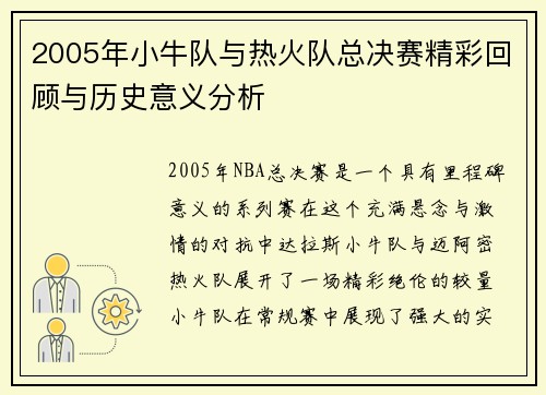 2005年小牛队与热火队总决赛精彩回顾与历史意义分析
