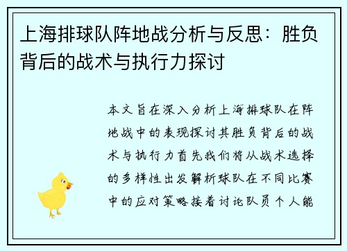 上海排球队阵地战分析与反思：胜负背后的战术与执行力探讨