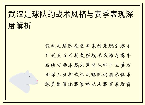 武汉足球队的战术风格与赛季表现深度解析