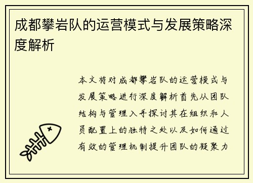 成都攀岩队的运营模式与发展策略深度解析